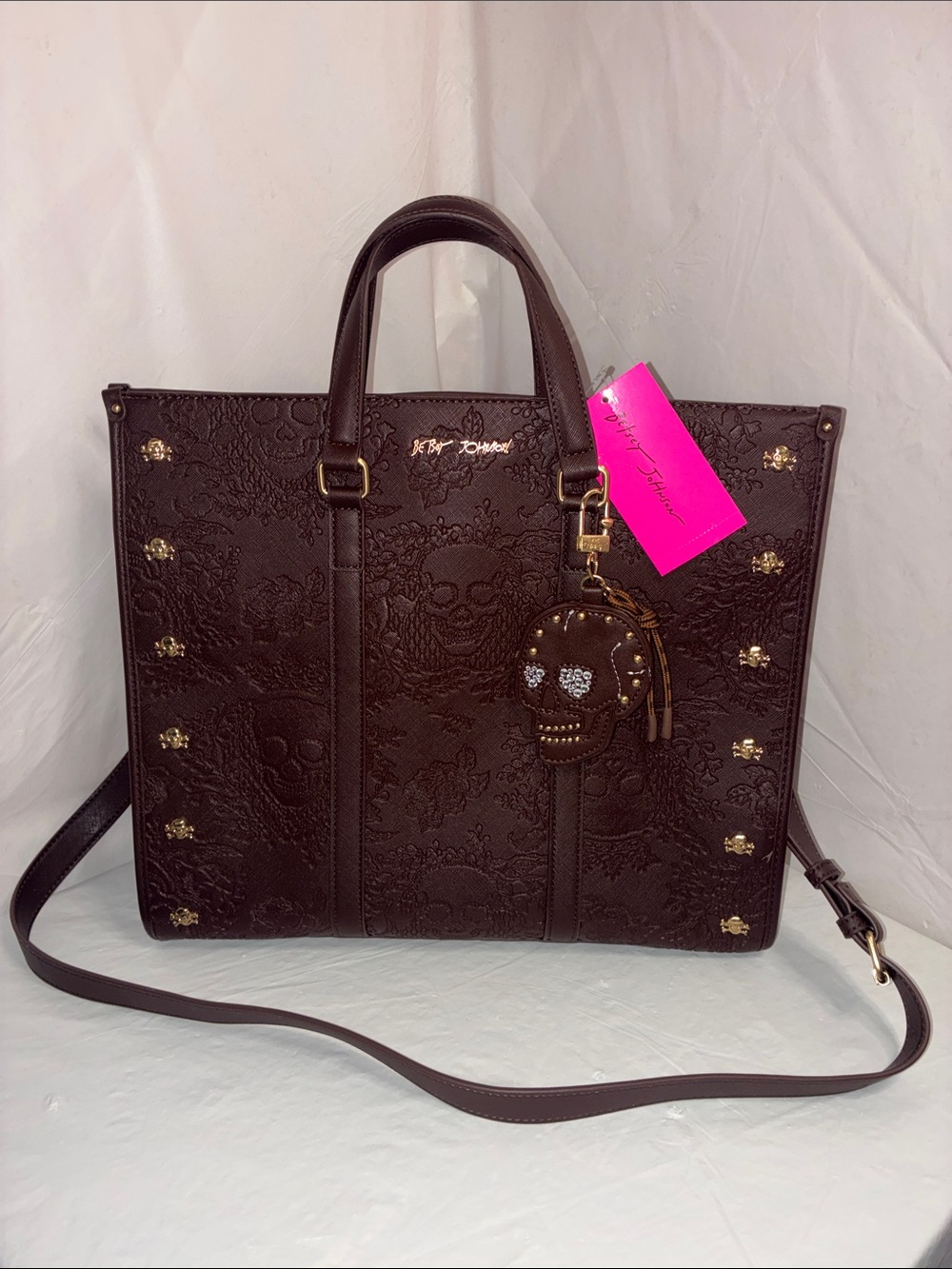 Betsey Johnson Dark Brown Embossed Skull Tote with Gold Studs and Skull Charm
